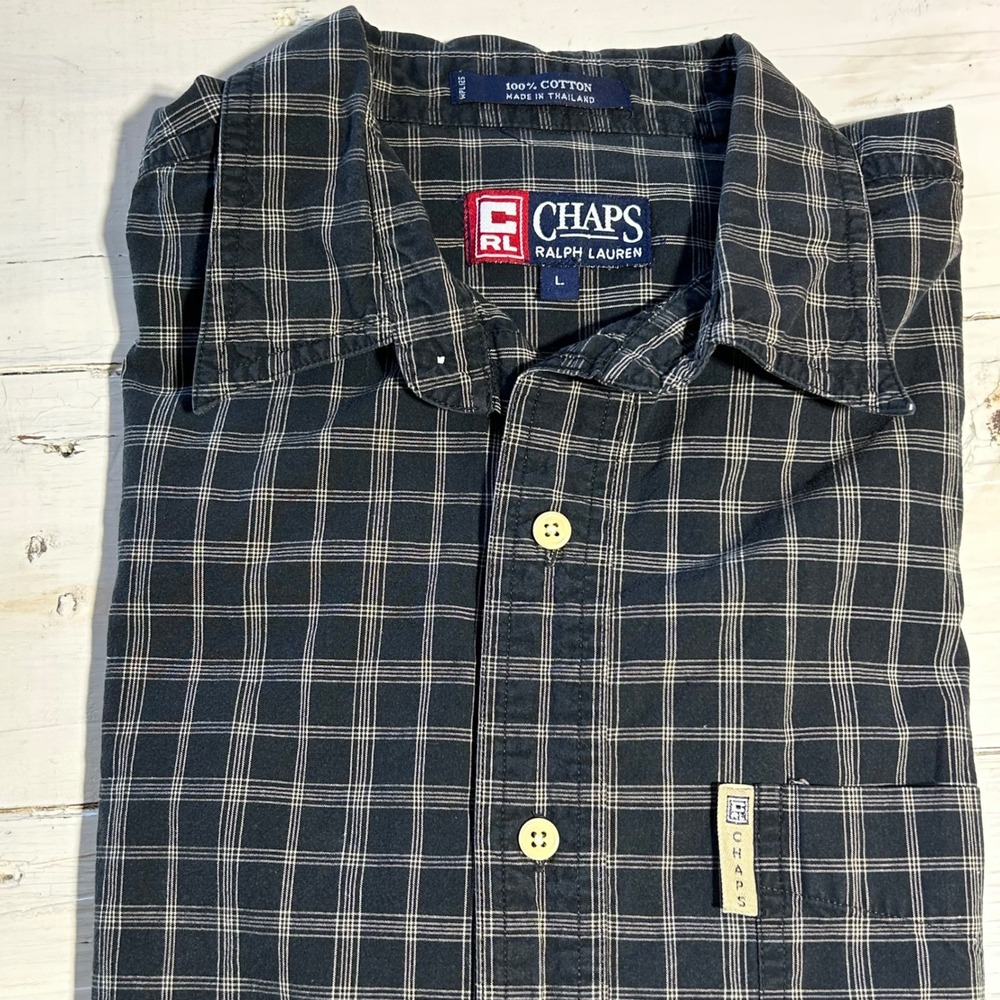 Chaps Ralph Lauren Mens Large Black White Plaid Short Sleeve Button Down‎ Shirt